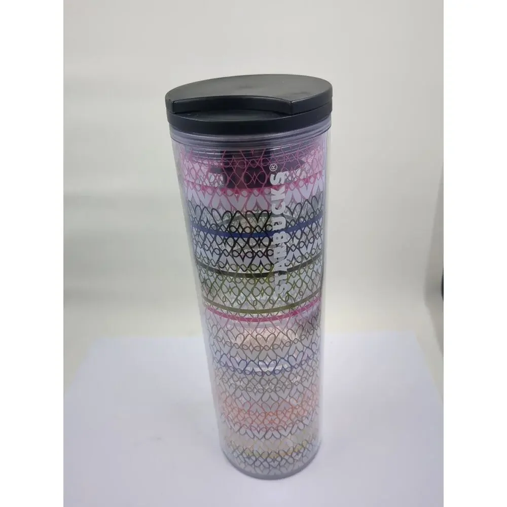 Starbucks 2017 Acrylic Tumbler Travel Cup Rainbow Hearts Twist Lid To Open 16oz